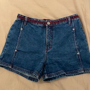 vintage denim mom shorts, with red detailing